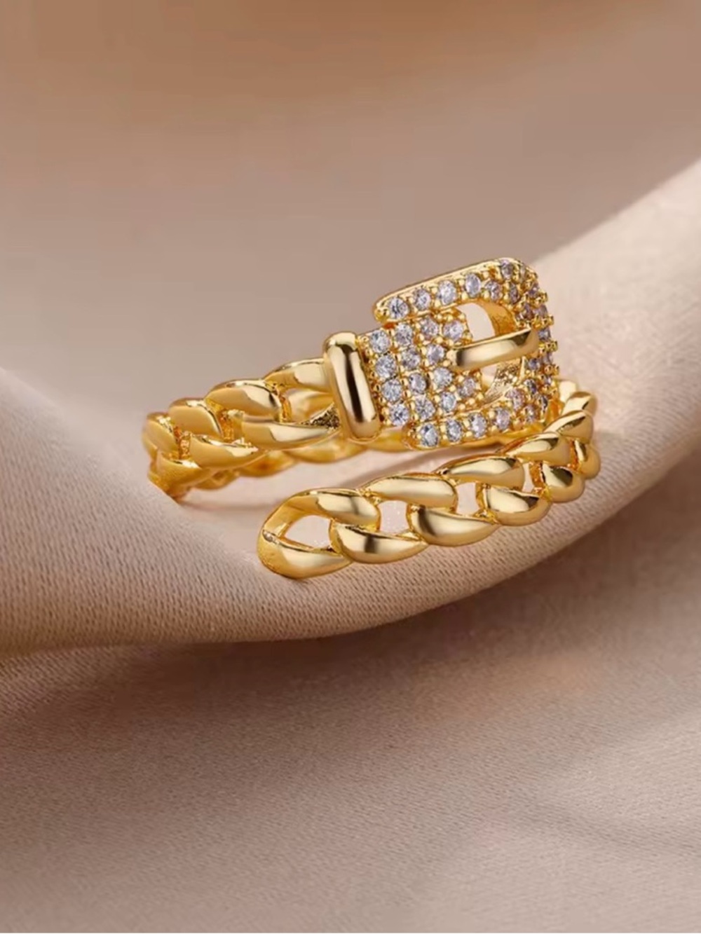 Gold  Belt Chain-Link Buckle Ring - Women Jewelry